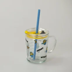 MINISO Tazza In Vetro Con Cannuccia - Minions (1Pz) (400Ml) New